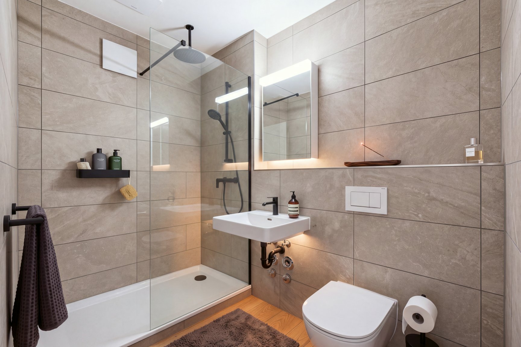 Badezimmer mit bodenebener Dusche, Wandtoilette und beleuchtetem Spiegelschrank